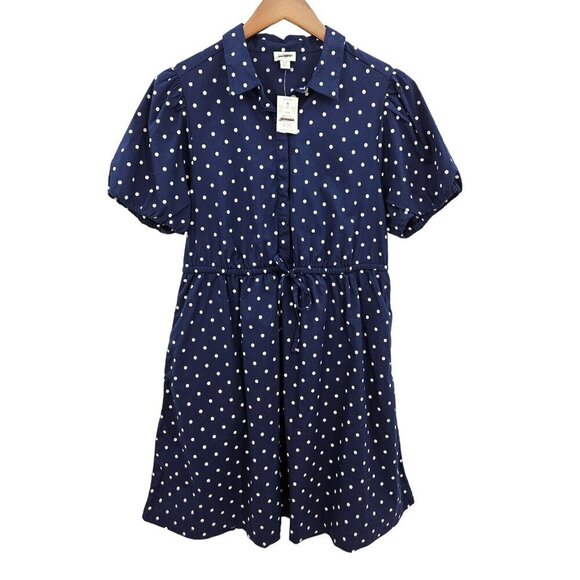 J Crew Short Sleeve Collared Mini Dress Polka Dots Navy Blue White Sz 10 NEW - Picture 2 of 13
